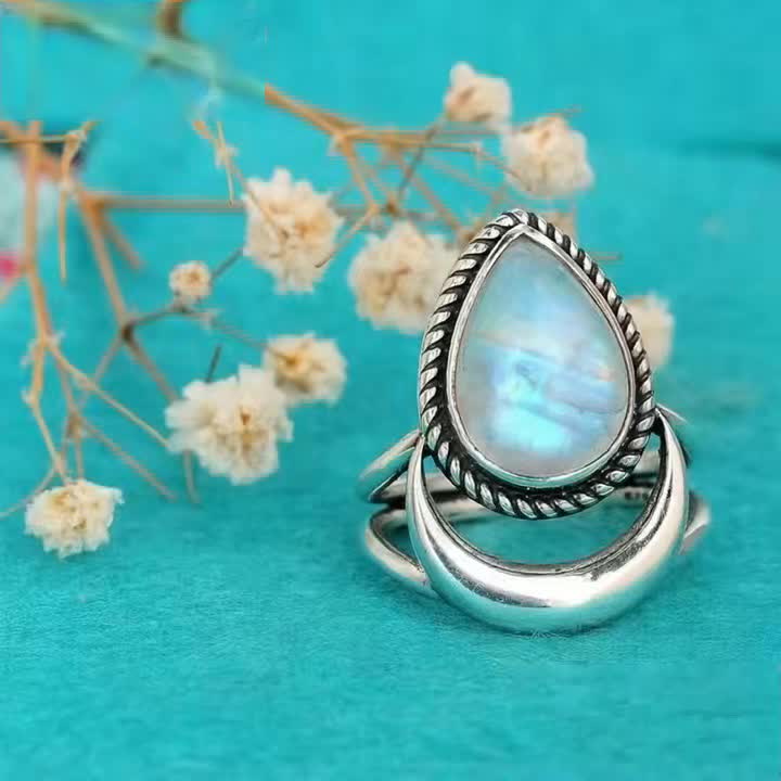 Vintage S925 Large Drop Opal Moon Ring, Fashion Statement